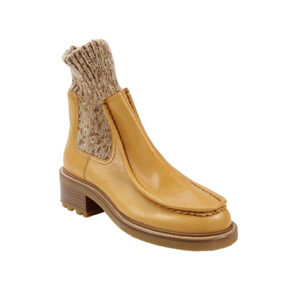 Chloe Womens Leather Knit Trim Block Heels Ankle Boots Shoes Tan Size 7